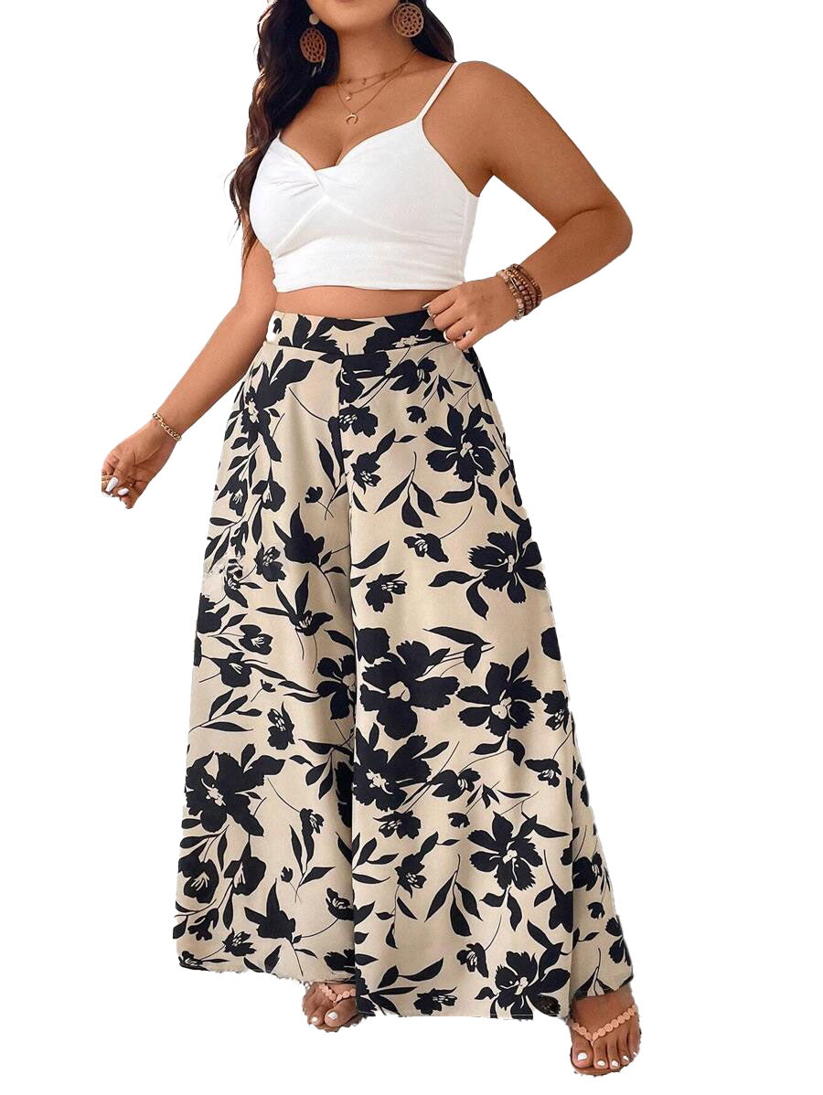 Beige Floral Wide Leg Pants