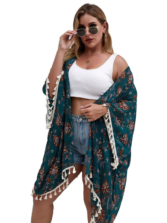 Peacock Green Tassel Kimono