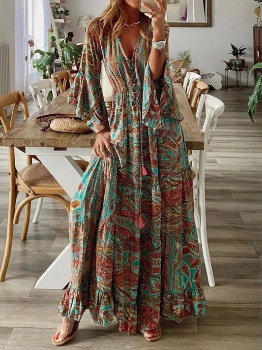 Paisley Trumpet Sleeve Maxi Dress