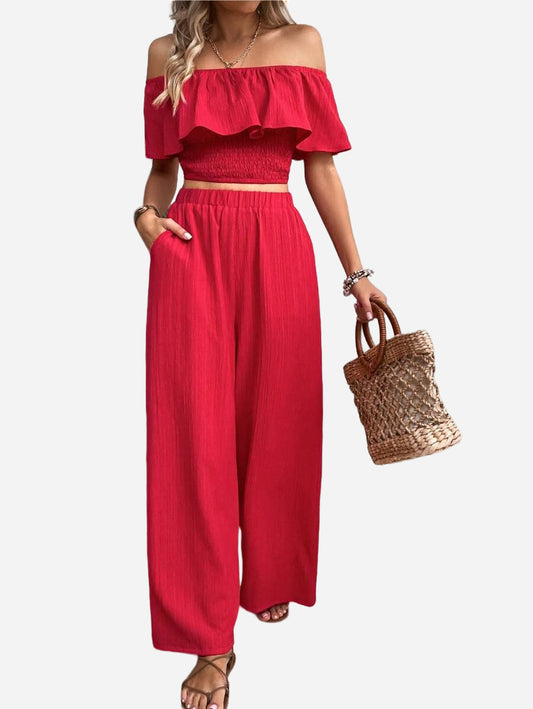 Gigi Off Shoulder Red Pants Set